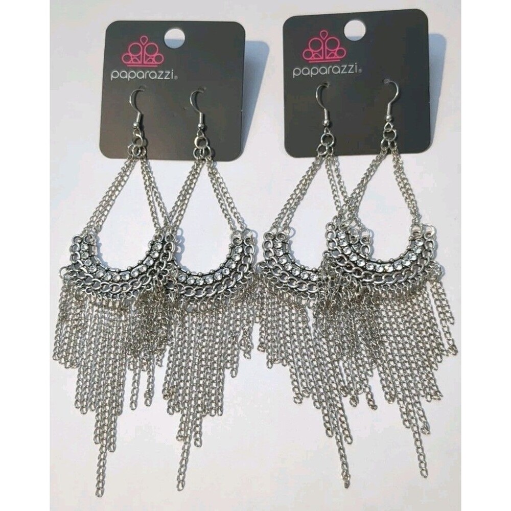 Paparazzi Earrings White Silver Cowgirl Sparkle Bling Long Chandelier